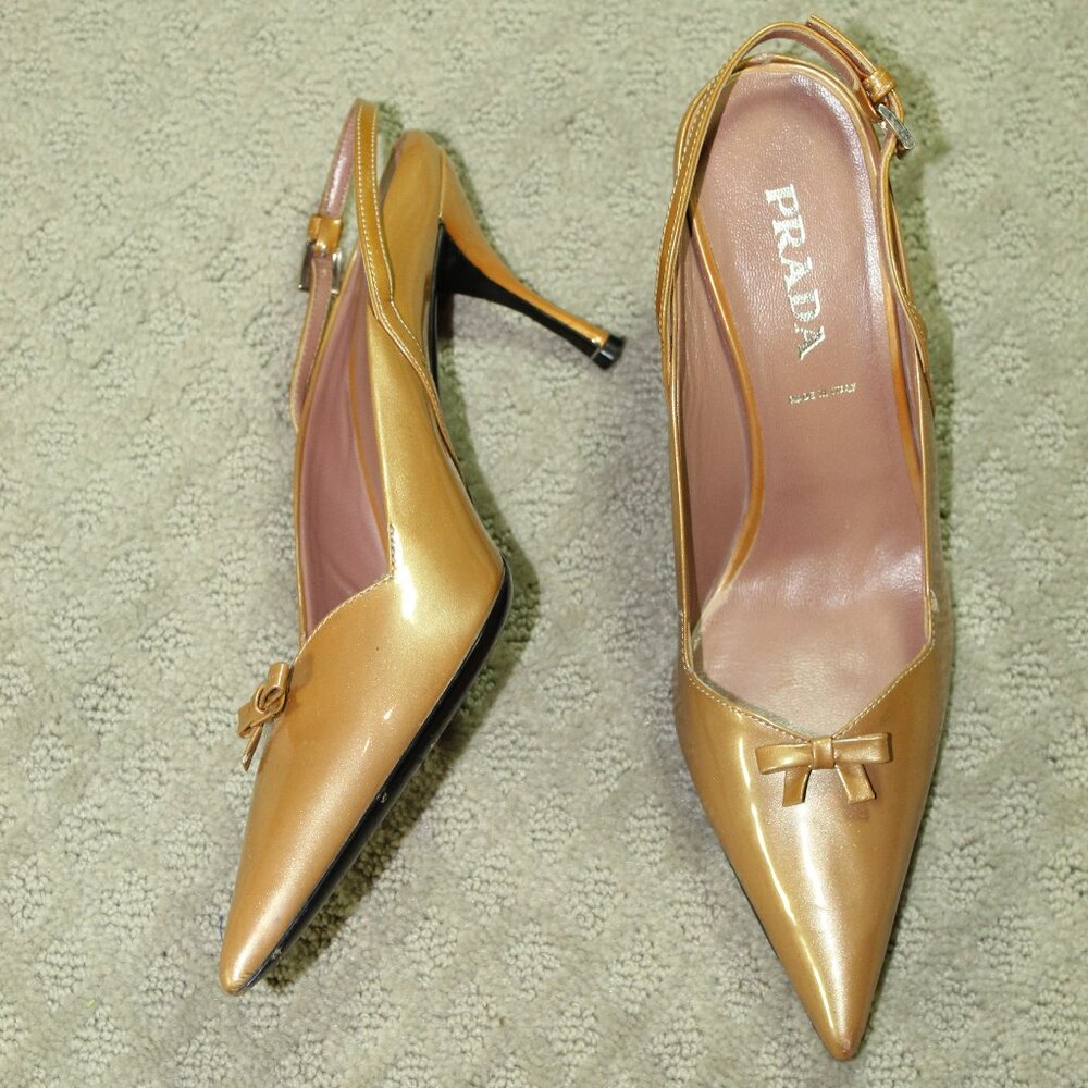 Prada Women's Size 7 / 37.5 Gold Patent Leather 3" Kitten Heel Bow Slingback